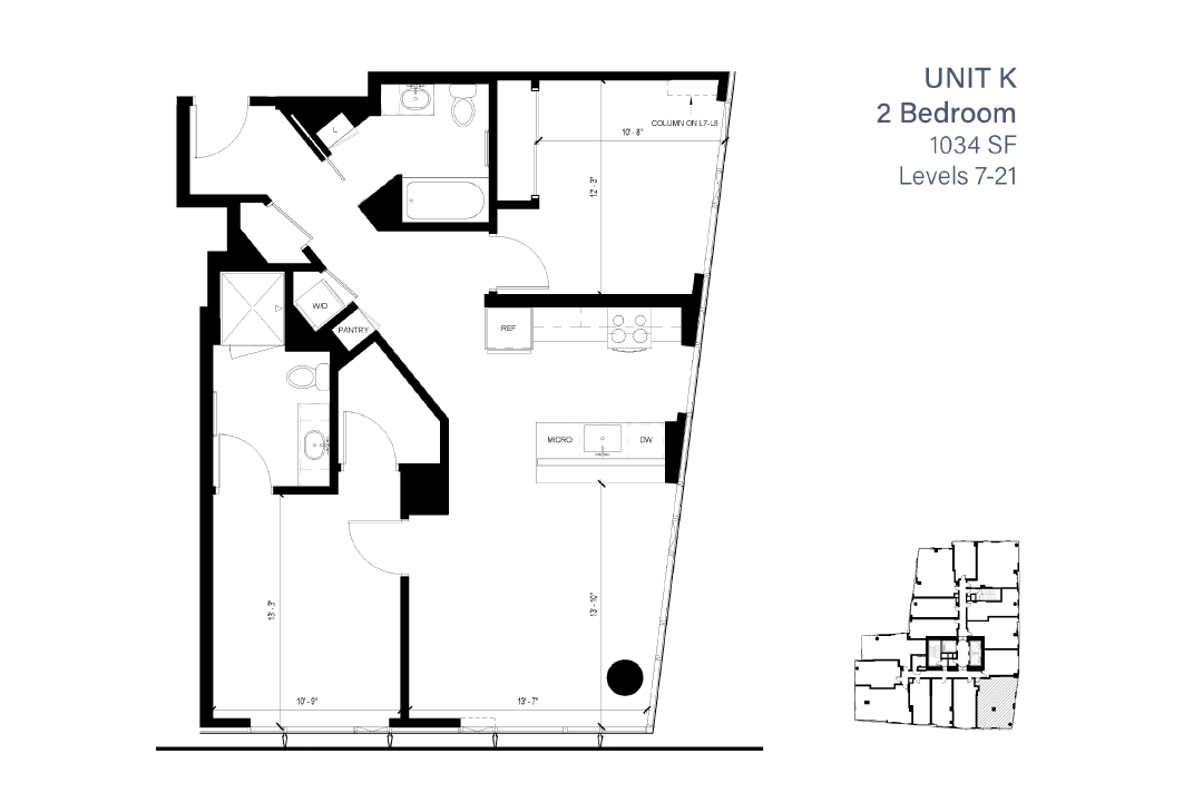 Floor plan for 2 beds, 2 baths, 988 sqft